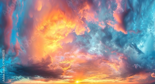 Beautiful sunset sky with dramatic clouds, panoramic view A colorful and breathtaking scene of the sun setting behind dark stormy clouds Generative AI