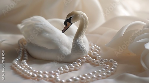Glistening pearls delicately adorn the neck of a porcelain-white swan, embodying elegance and grace in its purest form.