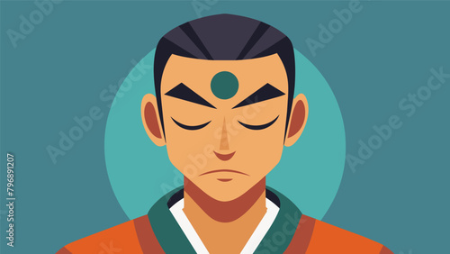 A closeup of a martial artists face as they meditate their expression serene and focused as they let go of distractions and negative thoughts.