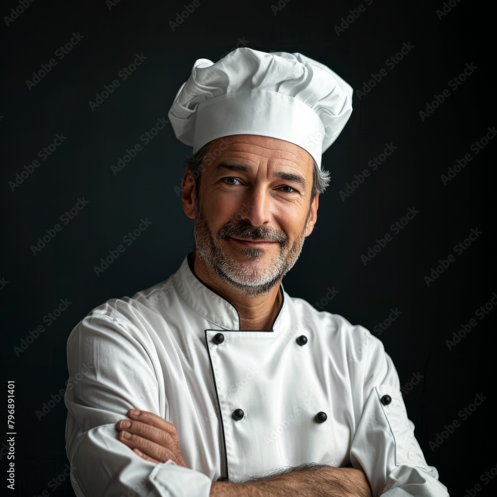 Professional cook chef standing confidently with a smile in a portrait against a sleek black background