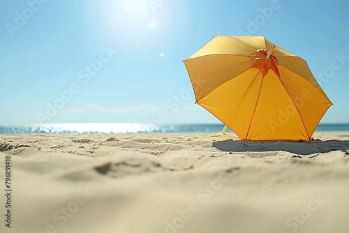 A minimalist scene featuring beach umbrella  over beautiful beach landscape. Summer banner concept  travel copy space area.