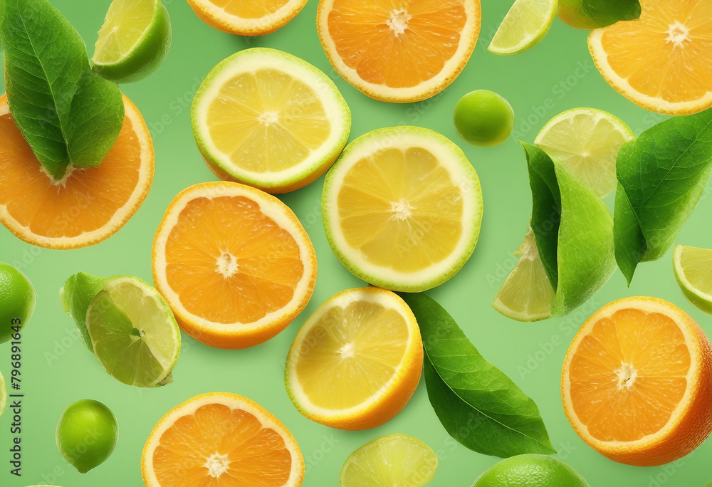Oranges and lemon lime slices falling or floating in the air with green leaves isolated on pastel green background