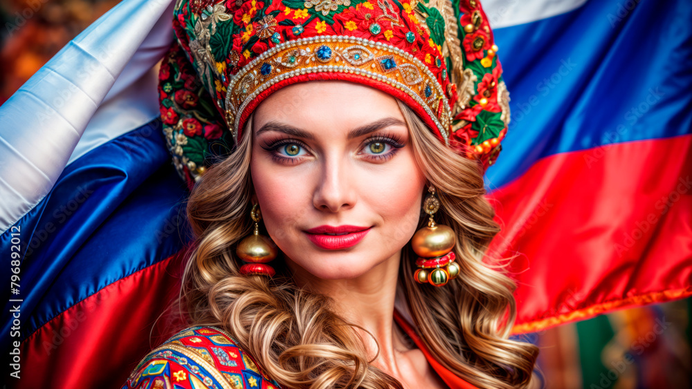 Beautiful woman on the background of the Russian flag