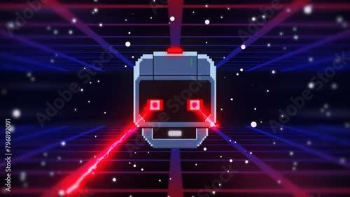 Boss of the 80-th level, space stage with evil robot shooting red plasma from his eyes. Console video game concept background photo