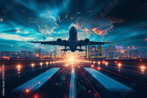 Embracing the future: dynamic commercial air transport concept with airplane soaring against city skyline, Airplane taking off from airport runway on city, ideal copy space for tech-driven innovations photo