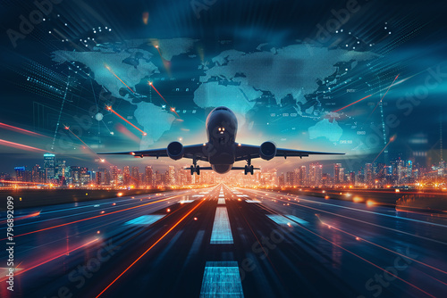 Technology digital future of commercial air transport concept, Airplane taking off from airport runway on city skyline and world map background with copy space #796892099