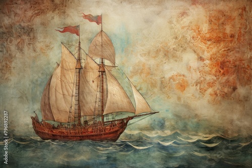 Medieval Persian painting art of sailboat vehicle wall transportation.