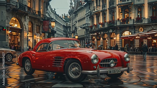 Imagine a bustling city square, where modernity meets tradition in a symphony of architecture. At its heart, a rare vintage car rests, its presence a testament to enduring grace photo