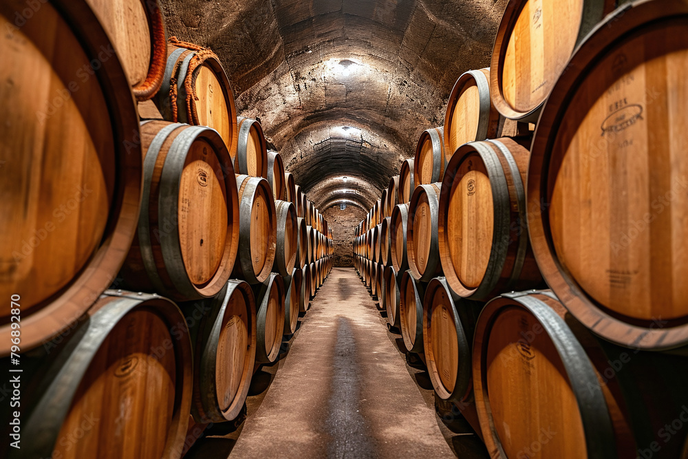 Wine barrels in wine vaults, Wine or whiskey barrels, French wooden barrels.