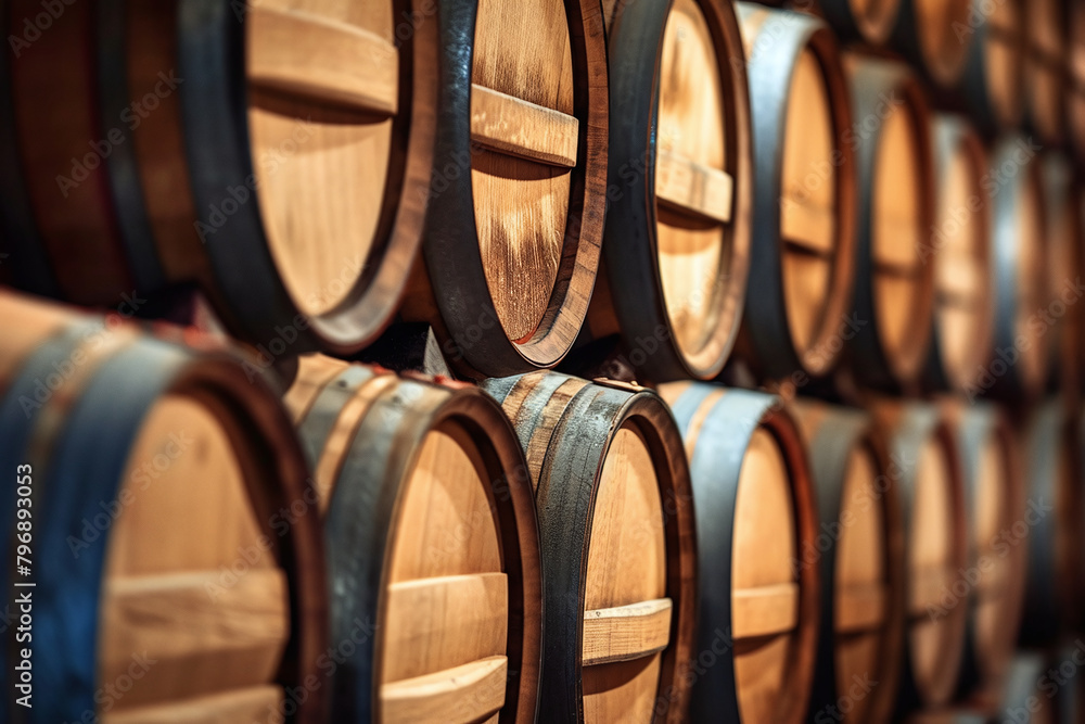 Wine barrels in wine vaults, Wine or whiskey barrels, French wooden barrels.
