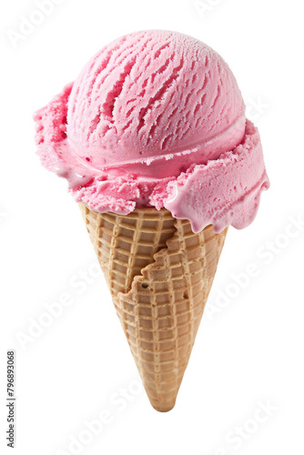 Delicious Strawberry Pink Frozen Ice Cream Cone Isolated on a Transparent Background