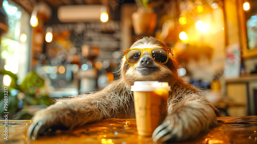 Cool sloth start day with good coffee charge energy in the morning , Funny animals concept .