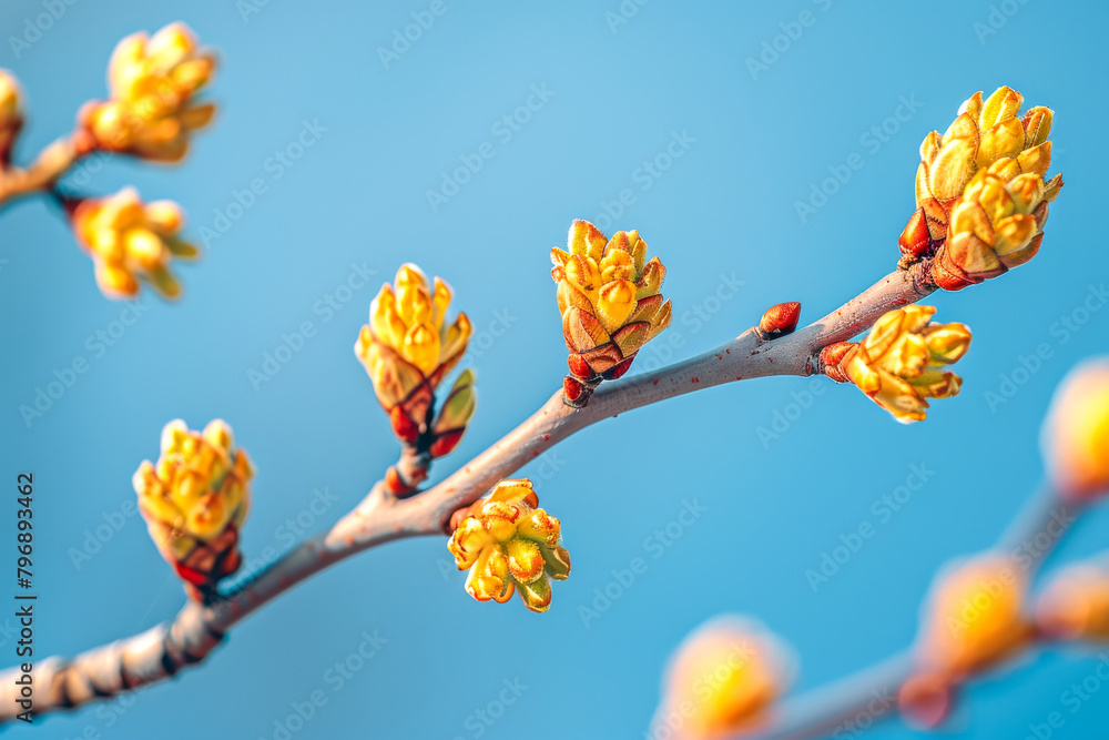Vibrant Spring Blossom on Budding Branch Against Blue Sky Vibrant Spring Blossom on Budding Branch Against Blue Sky