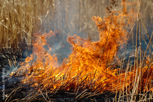 A controlled fire burns away dry grass