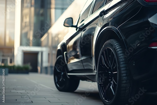 Elegant side view of a luxurious matte black SUV: expensive and stylish transportation. Concept Luxury Cars, Matte Black Finish, Expensive Vehicles, Elegant Transportation photo