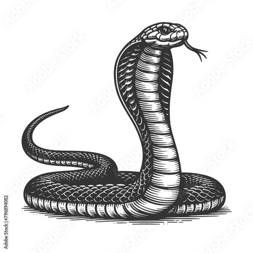 cobra snake in a menacing striking pose, rendered with fine engraving detail sketch engraving generative ai vector illustration. Scratch board imitation. Black and white image.