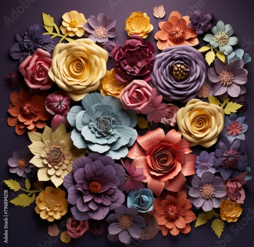 Cut Up Paper Flower Decoration. Handmade Craft Floral Artwork. Handcrafted Blooms. The Artistic Dance of Paper Flowers in Varied Hues. A Celebration of Color and Craftsmanship in a Botanical Decor Art