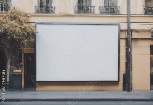 White Blank store signage or poster banner for blank mock up Empty signboard of shop frontage on the store Big horizontal advertising banner photo