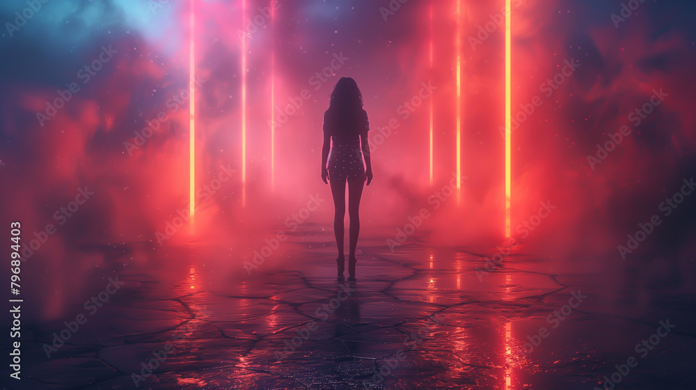 A silhouette of a person stands in the middle of a dramatic neon-lit scene, with vertical beams of pink and red light creating a mystical and ethereal atmosphere.