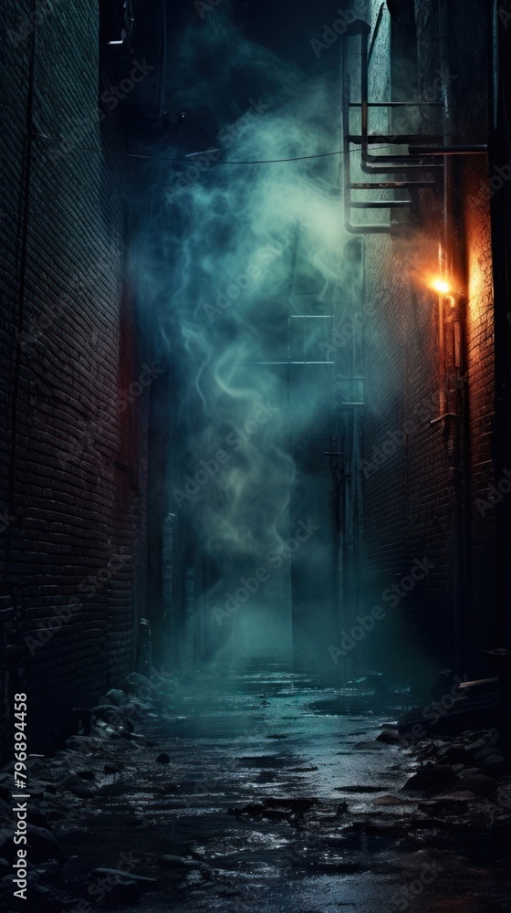 Old brick wall with neon lights street alley smoke.