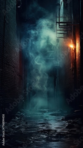 Old brick wall with neon lights street alley smoke.