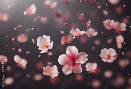 Petal flowers flying in the air isolated on dark background falling blossom petals