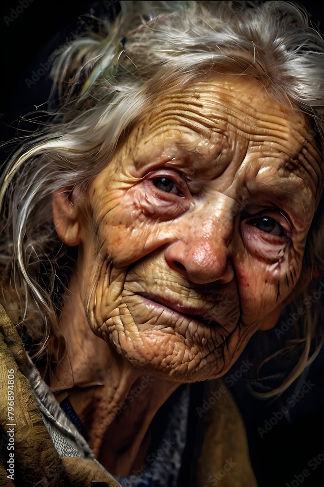 Portrait of an elderly homeless woman, surreal, textured skin, dry skin, high contrast, Rembrandt light. Generative AI