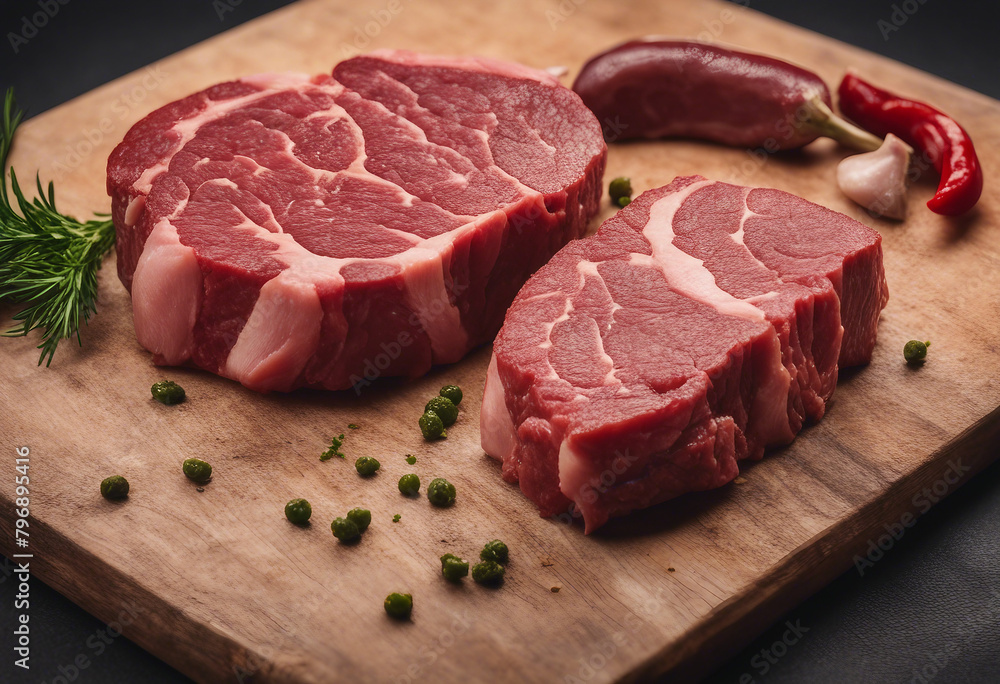 Raw meat or beef steak for cooking and grilling with pepper and other ingredients for meal preparation Raw meat or beef steak for cooking and grilling with pepper and other ingredients for meal preparation
