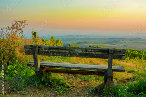 A wooden bench is sitting on a hillside overlooking a field