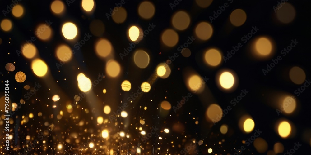 close-up of golden sparkles, reflecting a dazzling array of colorful lights on a black background. close-up of golden sparkles, reflecting a dazzling array of colorful lights on a black background.