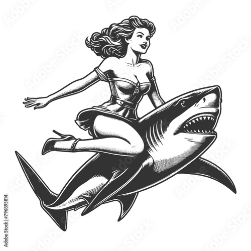 pin-up girl riding shark unique blend of vintage charm and adventurous spirit sketch engraving generative ai fictional character vector illustration. Scratch board imitation. Black and white image.