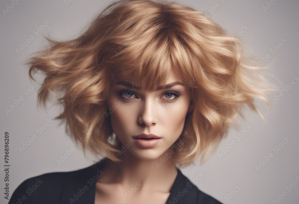 Stylish hair wig with trendy design front view fashionable hairstyle concept Woman with trendy ginger bob hair against grey background Beautiful young girl portrait Office portrait