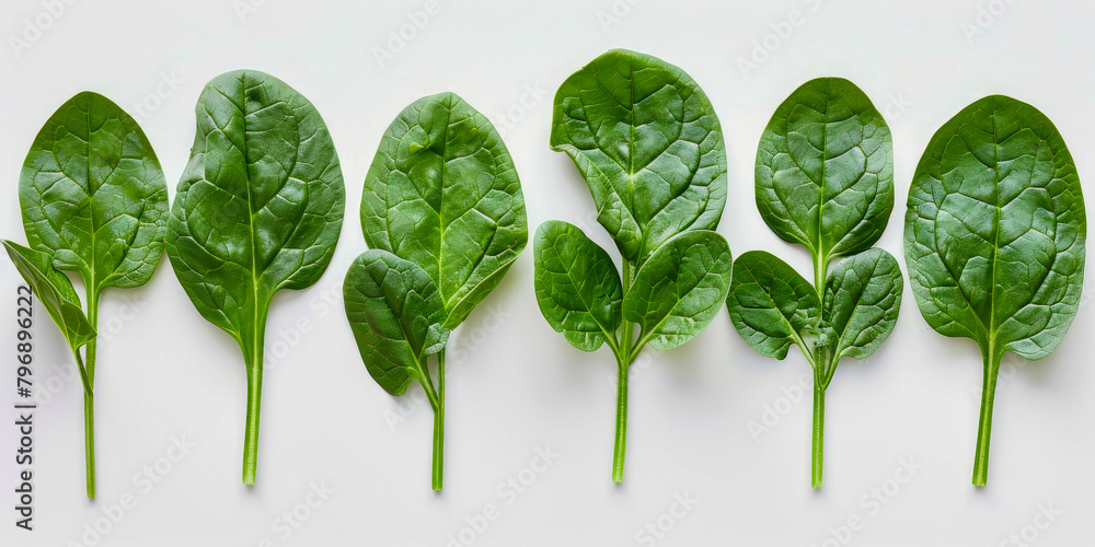 Obraz premium A row of green leaves are lined up on a white background