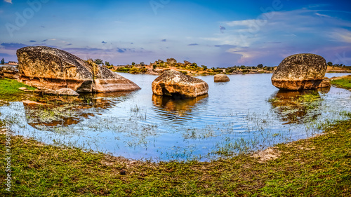 panoramic of the lagoons of Los Barruecos with large granite masses photo