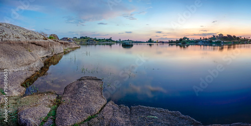 panoramic of the lagoons of Los Barruecos with large granite masses
