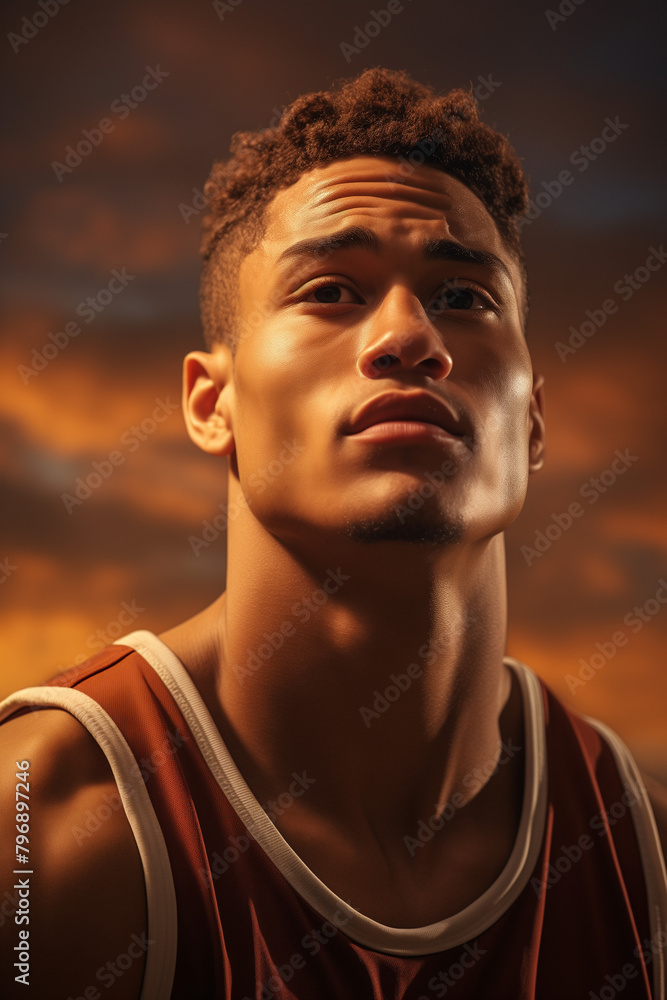 Portrait of a basketball player, wearing a jersey, looking up at the camera in golden hour lighting. Portrait of a basketball player, wearing a jersey, looking up at the camera in golden hour lighting.