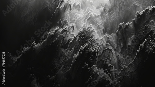 A deeply atmospheric black and white background, minimal yet rich with abstract textural elements, presented in high-resolution 4K