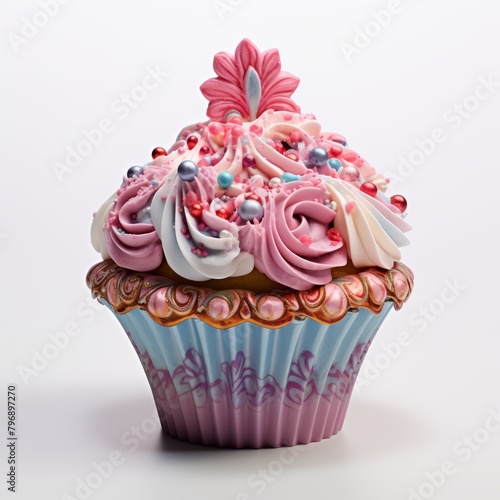 A delectable cupcake captured in portrait orientation  its sugary top artfully decorated and vividly contrasted against a white background