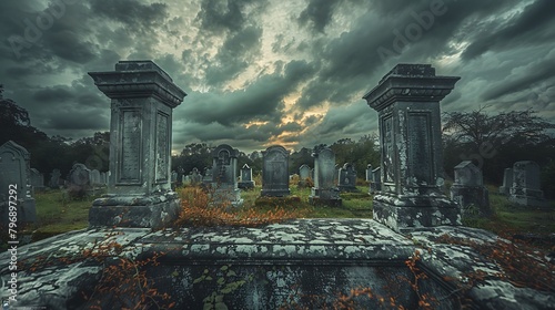 In the heart of an ancient cemetery, weathered tombstones stand sentinel beneath a sky heavy with foreboding clouds. photo