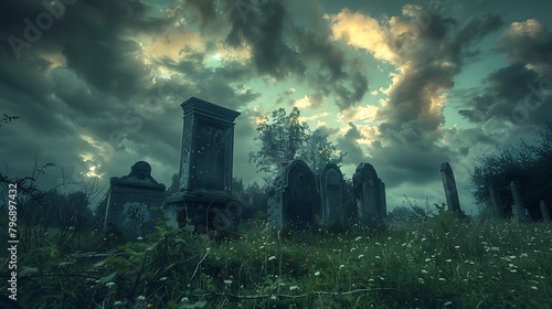 In the heart of an ancient cemetery, weathered tombstones stand sentinel beneath a sky heavy with foreboding clouds.