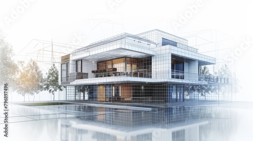 A house depicted in 3D form seamlessly fading into a wireframe, capturing the essence of modern architectural technology in a portrait layout with copy space