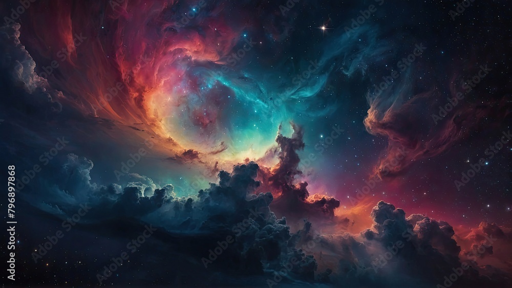 Abstract colorful cosmic clouds and stars in a vibrant galaxy background
