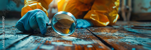 Forensic Investigator Examining Crime Scene with Magnifying Glass photo