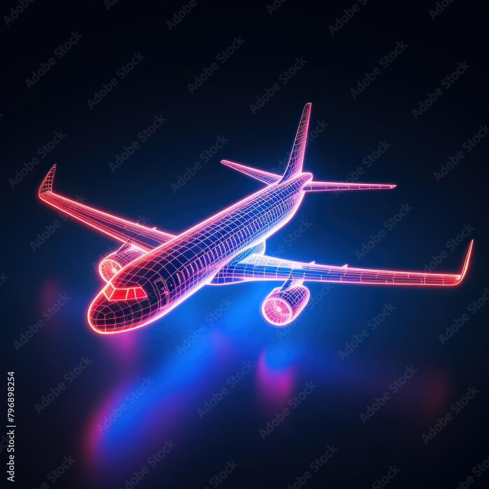 Neon plane wireframe airplane aircraft airliner. Neon plane wireframe airplane aircraft airliner.