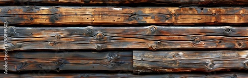 Detailed view of a wooden wall built from logs