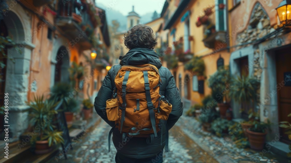 A solo backpacker navigating winding alleyways in a historic city, getting lost in the charm and mystery of urban exploration.