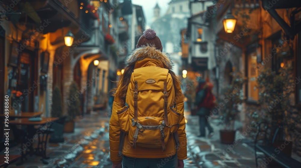A solo backpacker navigating winding alleyways in a historic city, getting lost in the charm and mystery of urban exploration. A solo backpacker navigating winding alleyways in a historic city, getting lost in the charm and mystery of urban exploration.