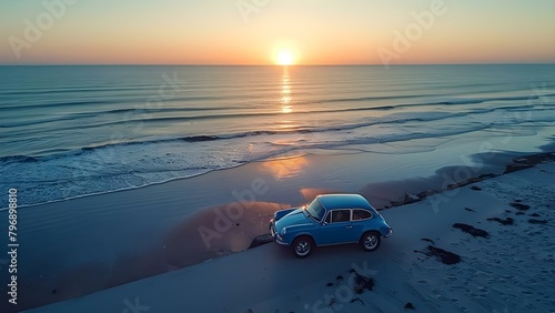 Modern blue SUV parked on a concrete road at sunset by the beach. Concept Captivating Sunset Drive, Coastal Adventure, Vehicle Showcase, Modern Beach Scenes, Urban Roadtrip © Ян Заболотний