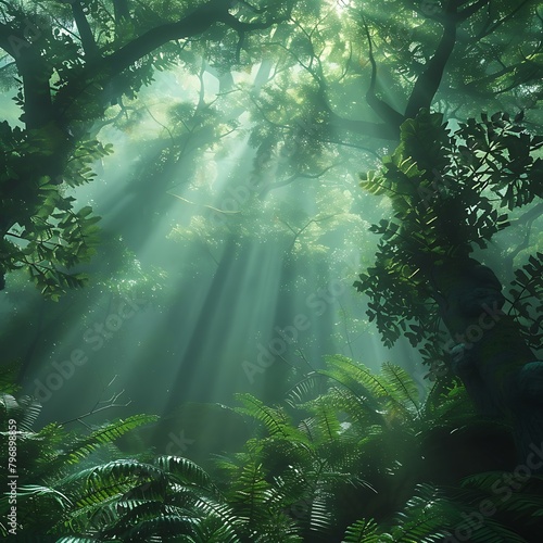 Lose yourself in the serenity of a mist-shrouded forest, where ancient trees stand sentinel amidst a carpet of ferns. Ethereal light filters through the canopy above,