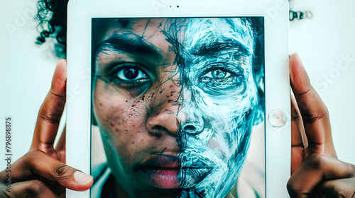 Homme tenant une tablette montrant son visage en photo et en peinture